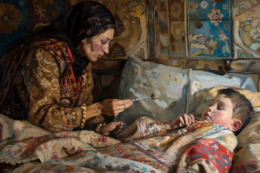 Artwork depicting mother caring for ill child in traditional setting with ornate decorative elements, cultural healthcare narrative.