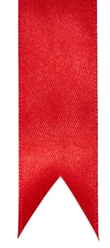 Piece of red silk ribbon with sharp end on isolated background, decor