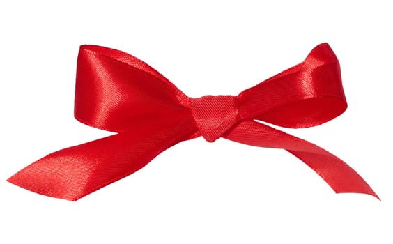 Tied bow of red silk ribbon on isolated background, close up