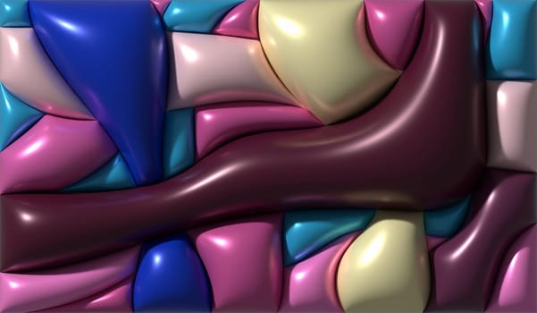 Multicolored wavy shapes with shiny smooth surface, 3D rendering illustration