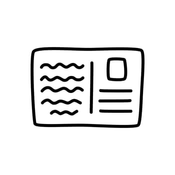 Doodle letter postcard icon or logo, hand drawn with thin black line. Isolated on white background. Vector illustration