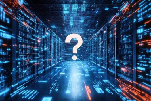 A digital question mark symbol stands out in a futuristic data environment, surrounded by flowing information elements. This image captures curiosity and exploration in technology.