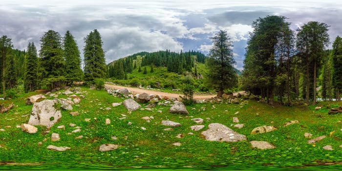 Full 360 degree spherical HDRi panorama of a coniferous forest in a mountain gorge on a cloudy summer day in equirectangular projection.