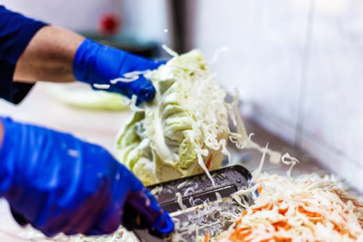 hands in blue gloves cutting cabbage with special double blade slit cabbage shredder knife during sauerkraut preparation