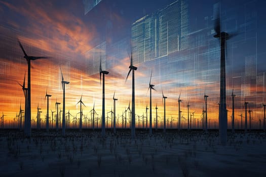 A stunning depiction of a futuristic wind farm featuring holographic projections against a vibrant sunset backdrop, showcasing renewable energy technology and innovation.