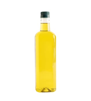 Olive oil glass bottle isolated on white background with clipping path, organic healthy food for cooking.