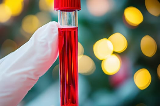 A gloved hand holds a test tube filled with bright red liquid. The background features soft glowing festive lights suggesting a holiday theme.