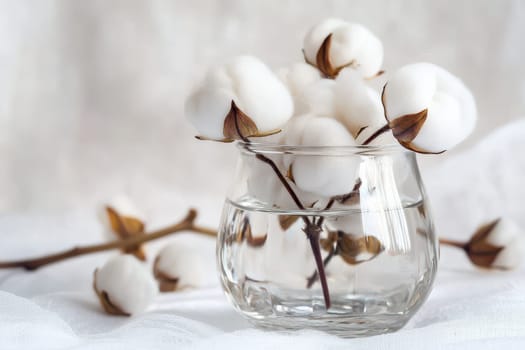 A simple arrangement of cotton flowers in a clear glass vase sits gracefully on a light colored table creating a serene atmosphere.