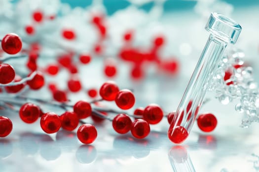 A clear test tube filled with red liquid rests among vibrant red beads set on a reflective surface creating an artistic laboratory composition.