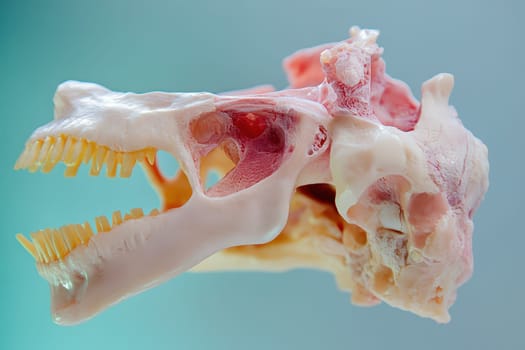 A close up of an animal skull shows intricate details of teeth and bone structures highlighting the textures and colors of the specimen.