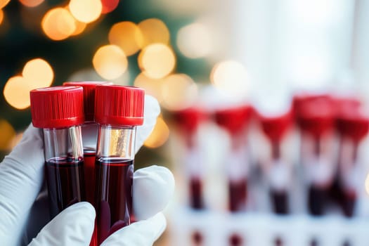 Hands in gloves hold blood samples with red caps showcasing medical testing during a holiday season with festive lights in the background.