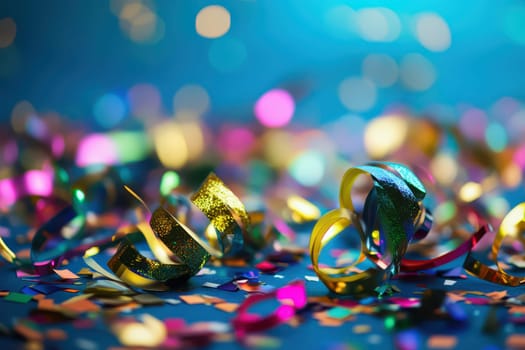 Brightly colored confetti and shiny streamers cover a surface creating a festive atmosphere perfect for celebrations or parties.
