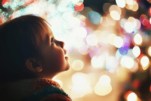 A young child looks up with fascination at vibrant glowing lights during a festive evening celebration radiating joy and curiosity.