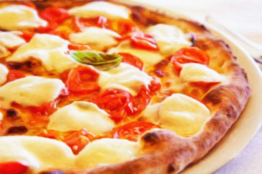 Creative illustration in vintage watercolor design - Pizza Margherita with Mozzarella cheese, basil and tomatoes