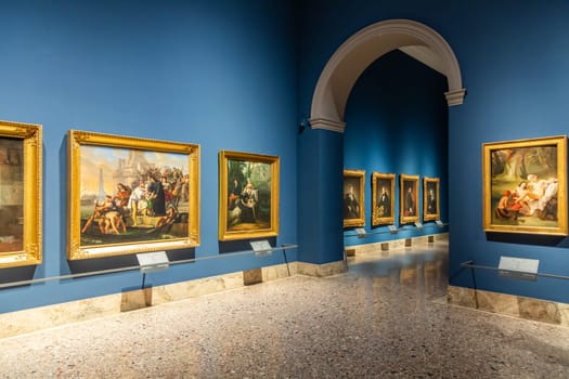 Milan, Italy - 23 September 2023: Brera antique painting museum. Gallery interior, vintage collection