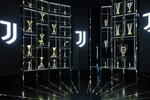 Turin, Italy - 02 March 2024. Juventus Museum interior. Champions League trophy.
