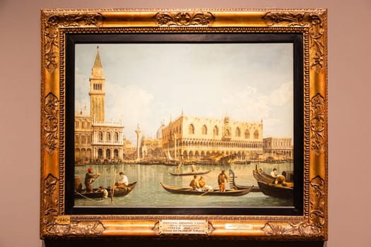 Milan, Italy - 23 September 2023: Brera antique painting museum. View of Venice, by Canaletto, 1745