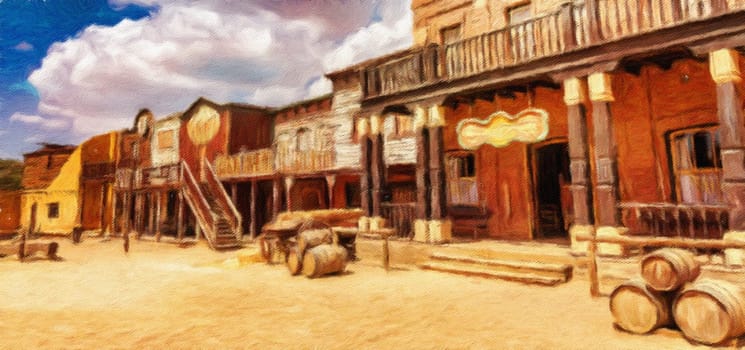 Creative illustration in vintage watercolor design - Wild West old village, rural buildings with blue sky