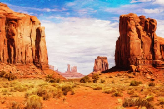 Creative illustration in vintage watercolor design - Monument Valley in USA, red panorama with blue sky