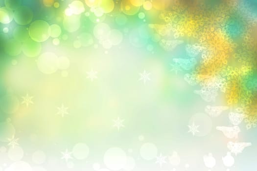 Abstract blurred festive light green yellow white winter christmas or Happy New Year background texture with yellow bokeh circles and stars. Card concept.