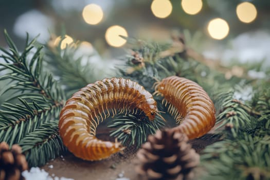 Two distinct larvae are displayed on pine branches surrounded by seasonal decorations and a soft glow from lights in the background.