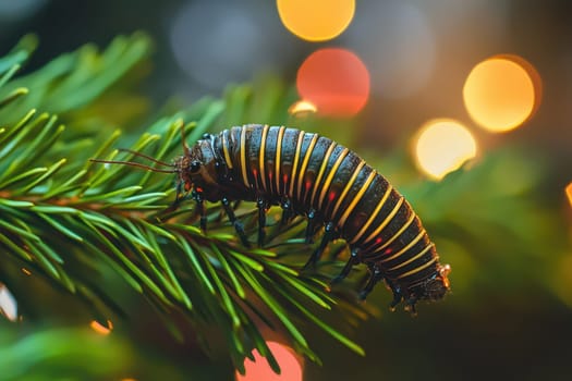 A striking yellow and black striped caterpillar rests on a pine branch set against a backdrop of colorful blurred lights.
