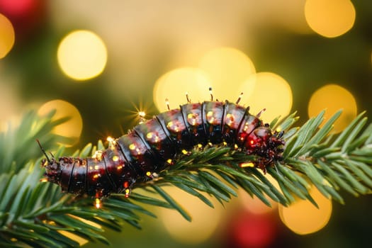 A vibrant caterpillar rests on a pine branch adorned with decorative lights showcasing a festive atmosphere during the holiday season.