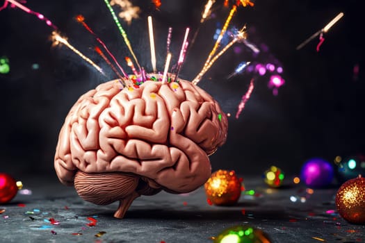 A brain is depicted with colorful sparks and confetti bursting from it against a dark background symbolizing creativity and ideas.