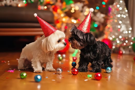 Two small dogs in festive hats interact in a cozy room decorated with holiday lights and colorful ornaments creating a joyful atmosphere.