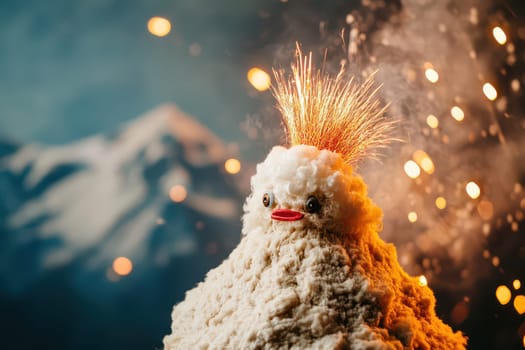 A fluffy creature resembling a chick stands against a dramatic background with sparkling fireworks. The vibrant colors and textures add excitement.