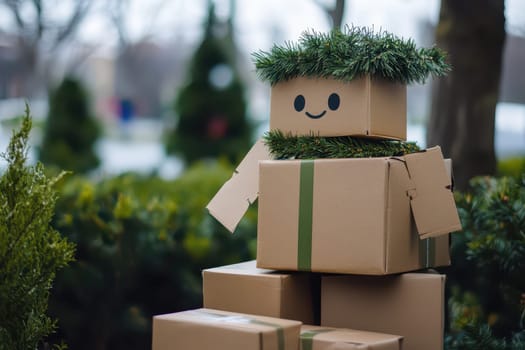 A playful cardboard figure adorned with greenery stands among lush plants in an outdoor setting showcasing artistic expression and creativity.