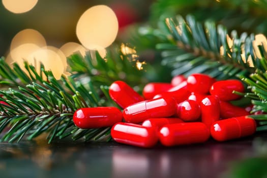 Bright red capsules are scattered on lush green pine branches evoking a festive atmosphere with warm background lights.