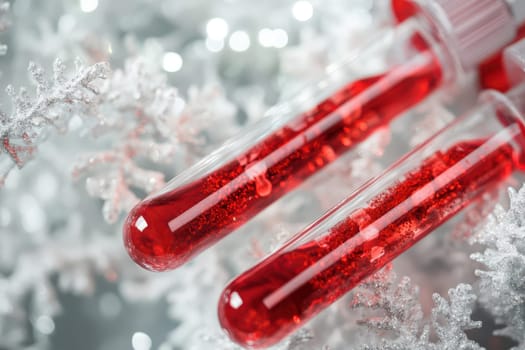 Two test tubes filled with bright red liquid are placed against a white frosted backdrop creating a striking visual contrast.