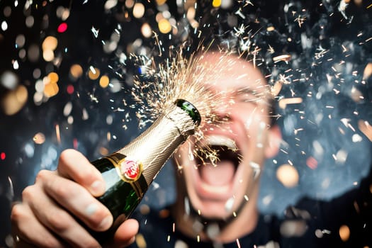 A person joyfully pops a champagne bottle spraying sparkling liquid and confetti into the air celebrating a special occasion at night.