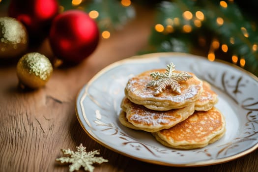 Stack of fluffy pancakes decorated with a golden snowflake sits on an elegant plate among holiday ornaments and lights.