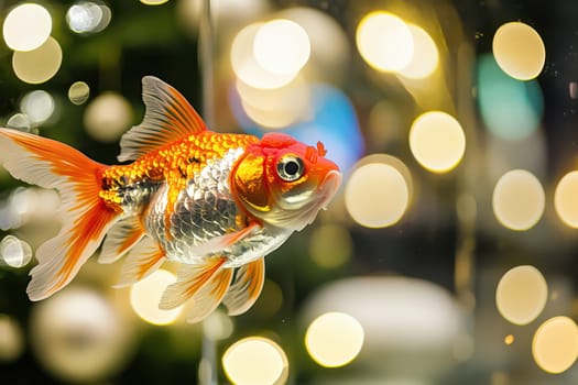 A vibrant goldfish glides through clear water surrounded by shimmering lights and blurred ornaments creating a festive atmosphere.