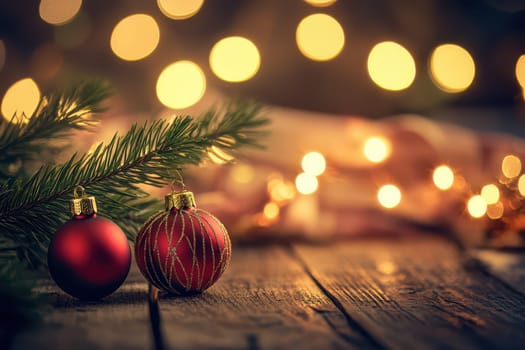 Red ornaments rest on wooden surface surrounded by twinkling lights and a pine branch creating a cozy holiday atmosphere.