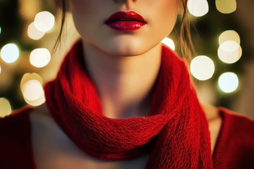 A woman showcases her red scarf and lipstick against a backdrop of sparkling lights evoking a festive holiday atmosphere.