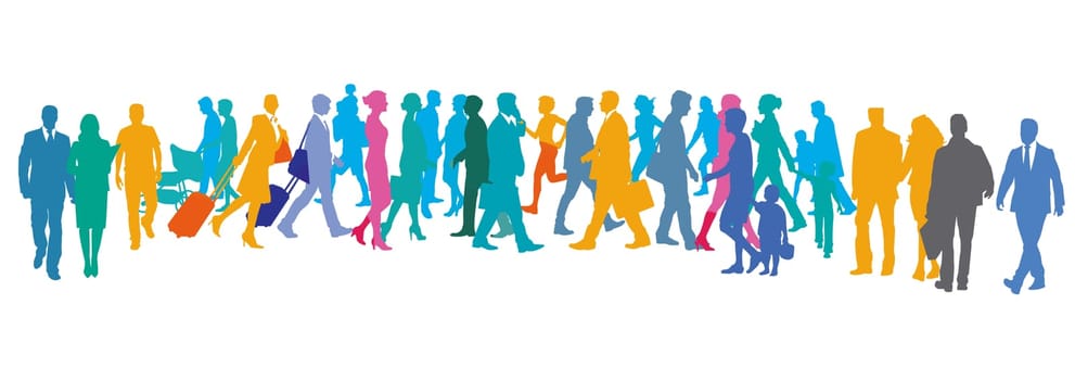 large colorful groups of people on the street, isolated on white background, illustration