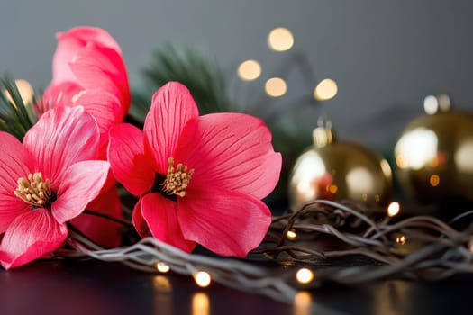 Pink flowers rest on a dark surface with twinkling lights and golden ornaments creating a warm festive atmosphere during the holiday season.