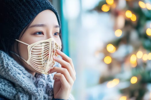 A young woman wearing a skeleton design face mask gazes thoughtfully out a window while surrounded by festive decorations.