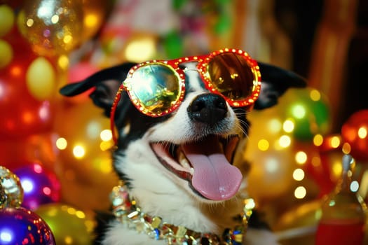 A joyful dog with sunglasses poses among colorful decorations and lights showcasing a fun atmosphere at a festive event.