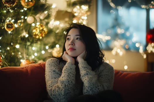 A young woman sits on a couch lost in thought surrounded by a beautifully lit Christmas tree and festive decorations.