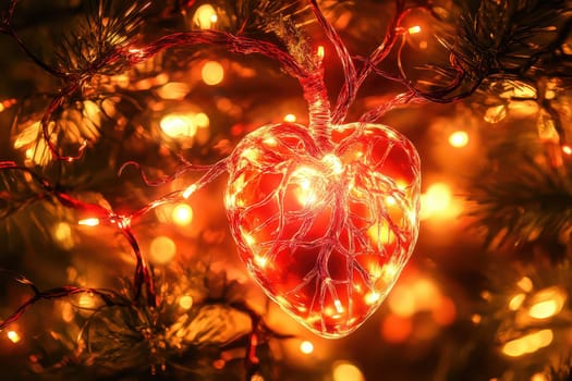 A vibrant heart shaped decoration hangs from a Christmas tree surrounded by warm golden lights creating a cozy festive atmosphere.