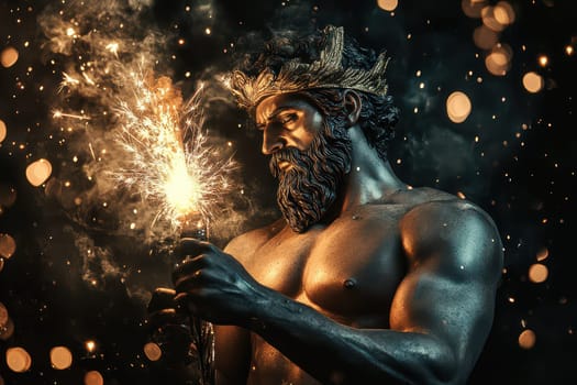 A muscular figure with a laurel crown holds a sparkler surrounded by a dark background filled with bokeh lights creating a festive atmosphere.