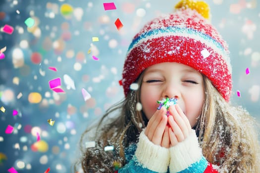 Young child in a colorful hat smiles joyfully while surrounded by falling confetti and snow capturing a playful winter moment.