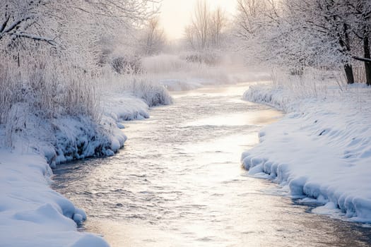 A gentle river winds through a serene snowy environment reflecting soft light from a winter sky. Trees and grasses are blanketed in snow.