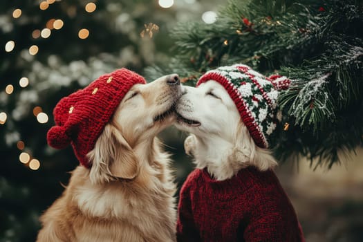 Two golden retriever dogs in cozy holiday hats happily touch noses next to a decorated Christmas tree in a festive atmosphere.