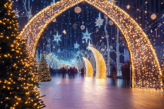 Colorful holiday lights decorate a beautiful walkway lined with trees creating a magical atmosphere during the evening hours.