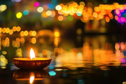 A single diya glows brightly on calm water surrounded by colorful lights reflecting the festive atmosphere of the night.
